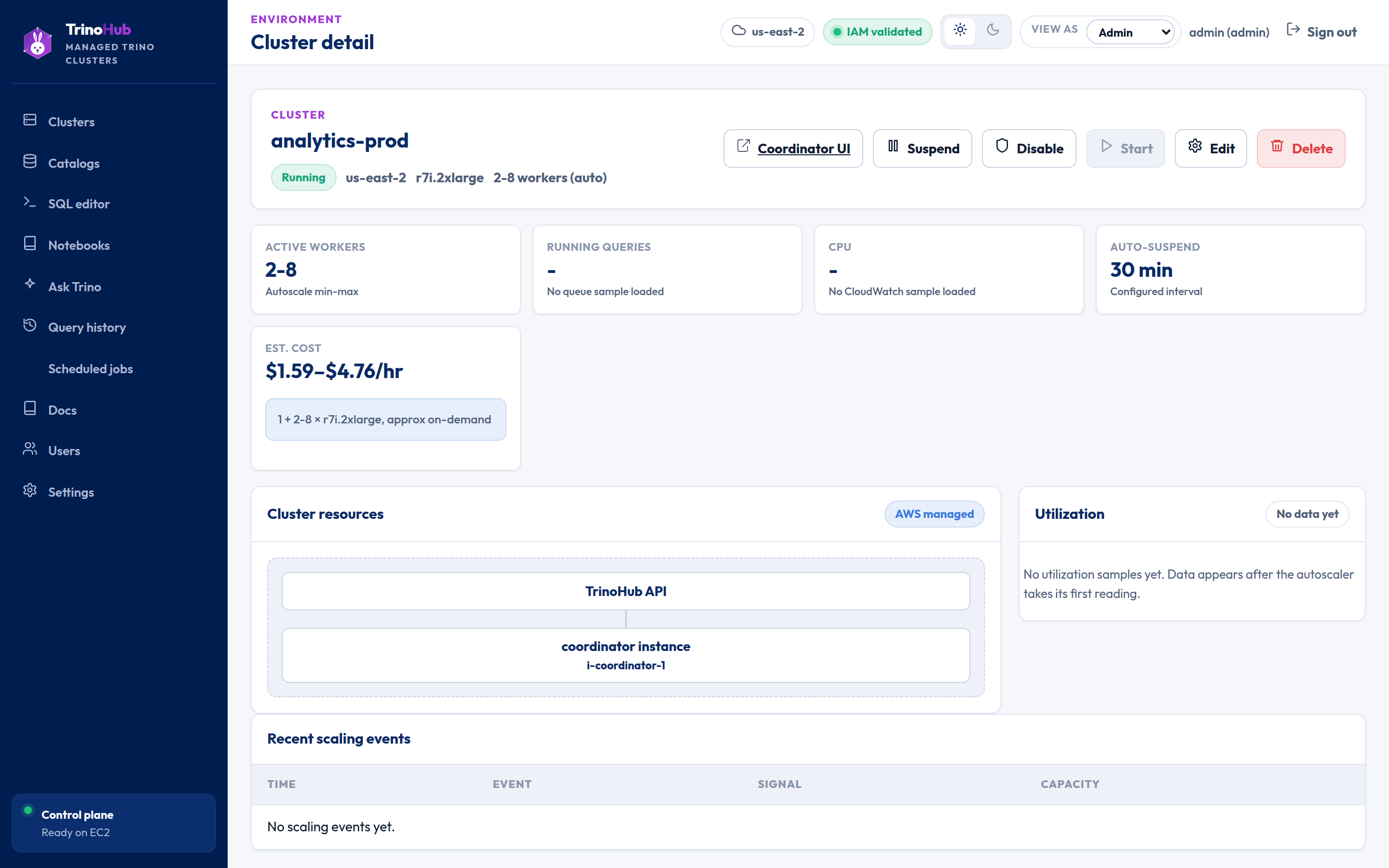 Cluster detail — metrics, cost, and live utilization