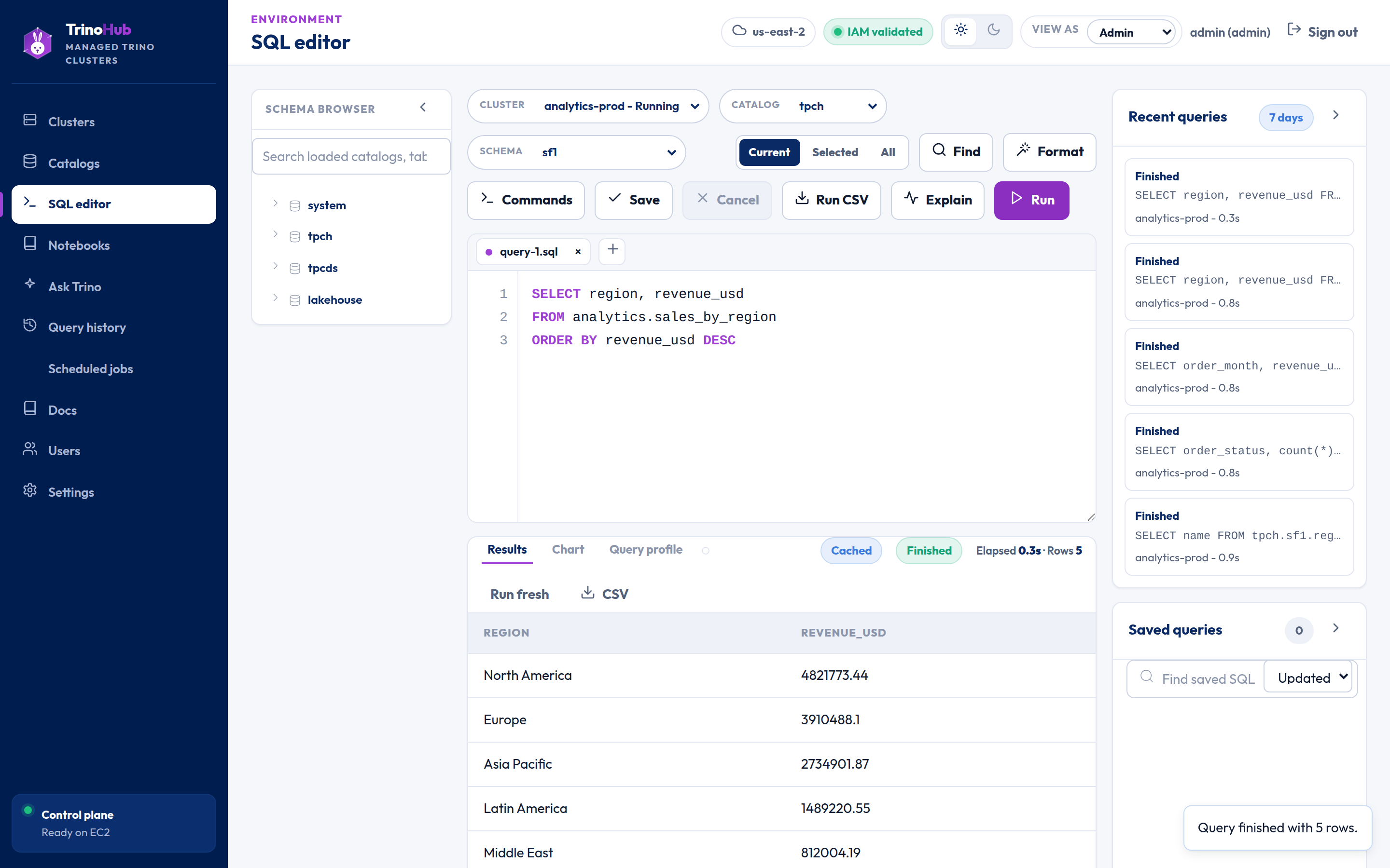 SQL editor — schema browser, results, and recent queries
